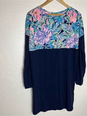 Lilly Pulitzer Finn T-Shirt Dress Womens M Blue Floral Bermudaful Pima Cotton